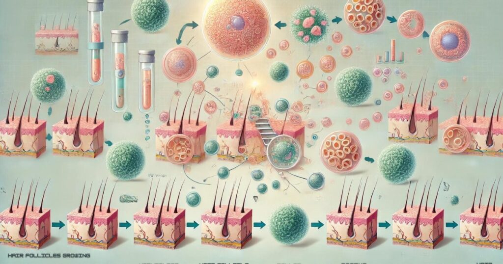 Illustration showing the process of stem cell activation for human hair follicle growth.