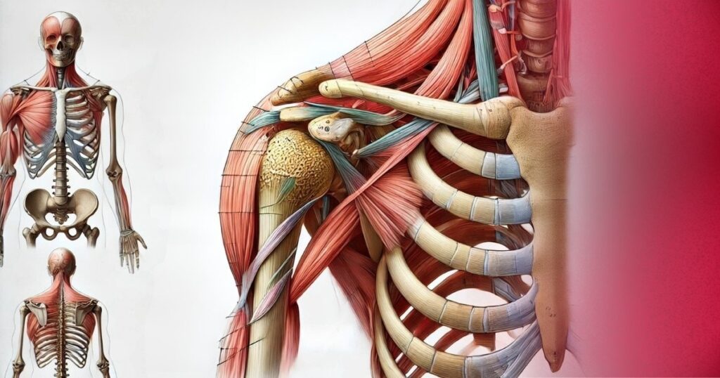 Diagram of the shoulder joint showing bones, muscles, and ligaments in detail.