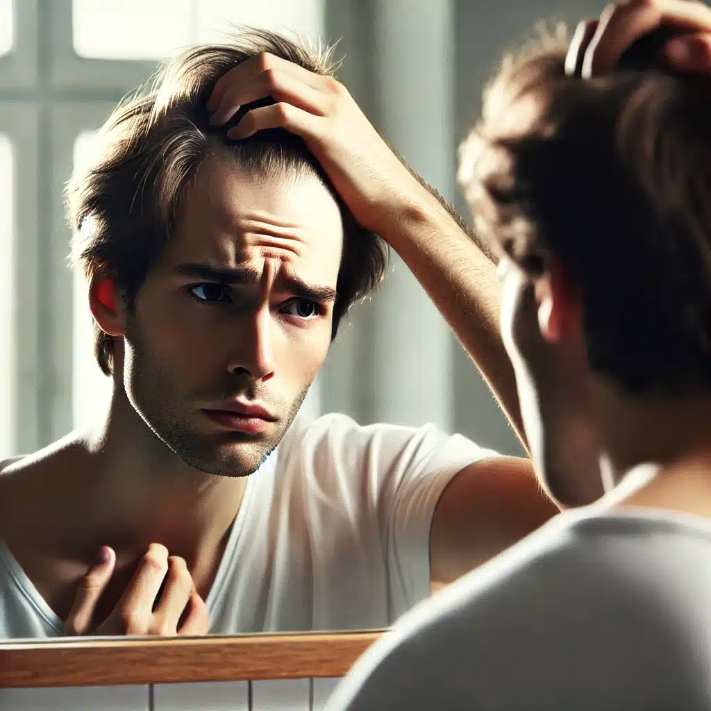 Person with thinning hair looking in the mirror, reflecting concern about hair loss