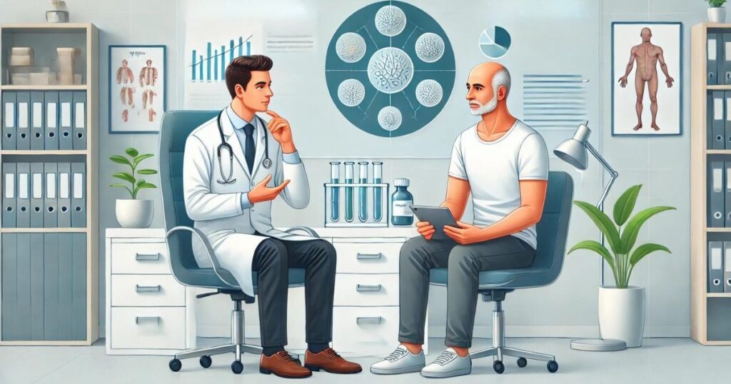 Illustration Of Doctor and Patient Discussing Goals for Stem Cell Hair Therapy