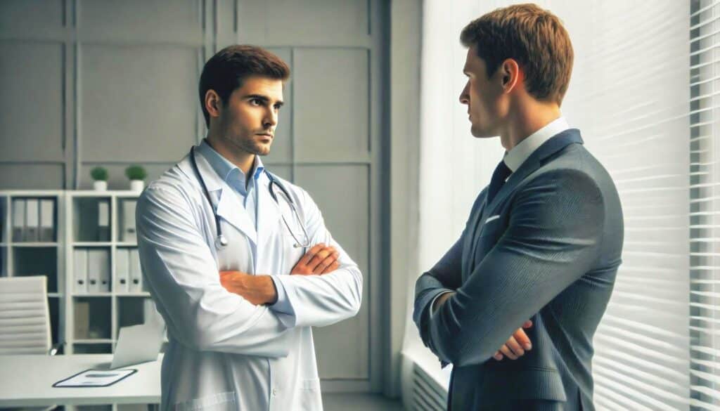 Dr. speaking with man in a suit