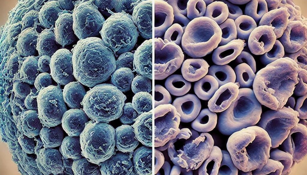 A close-up of healthy cells regenerating compared to expanded stem cells with reduced efficacy *exaggerated*