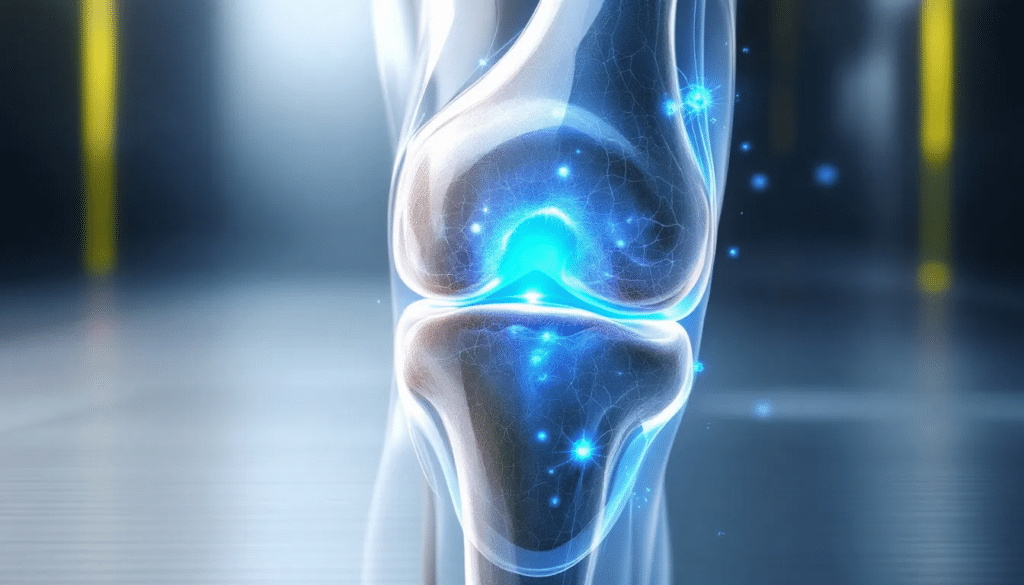 An illustration showing damaged articular cartilage in a knee joint.