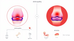 An illustration showing the difference between arthropathy vs arthritis, highlighting joint inflammation.