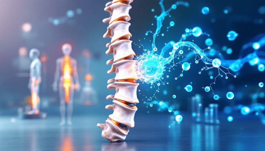 An illustration of degenerative disc disease and how stem cells can aid in tissue repair.